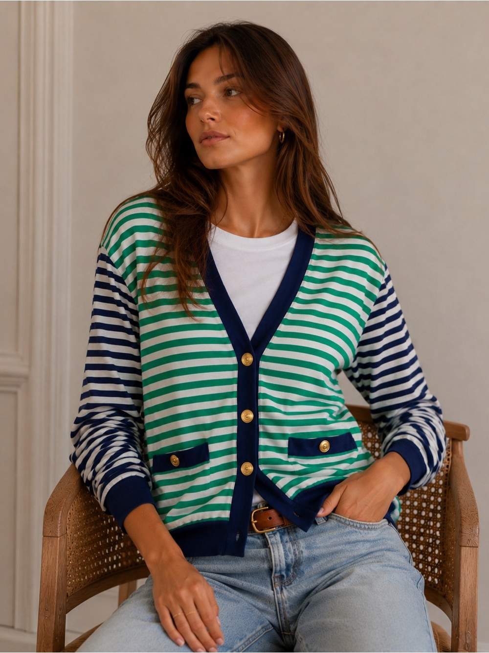 Vintage Stripe Lightweight Cardigan Anchor Nautical Relaxed Preppy Grandpa